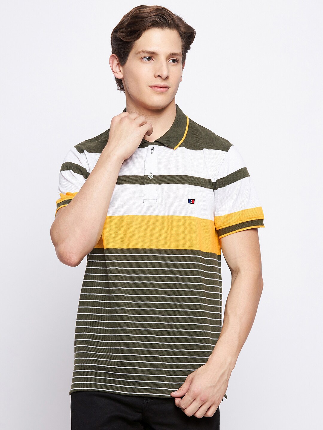 

FRENCH FLEXIOUS Striped Polo Collar Cotton T-shirt, Black