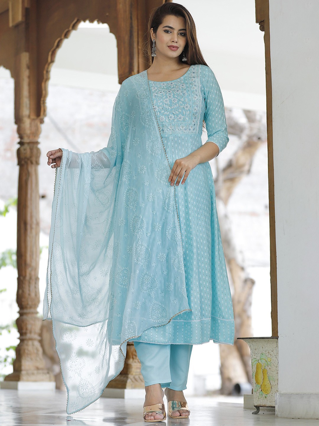 

SINGNI Women Blue Ethnic Motifs Embroidered Regular Mirror Work Kurta with Trousers & With Dupatta