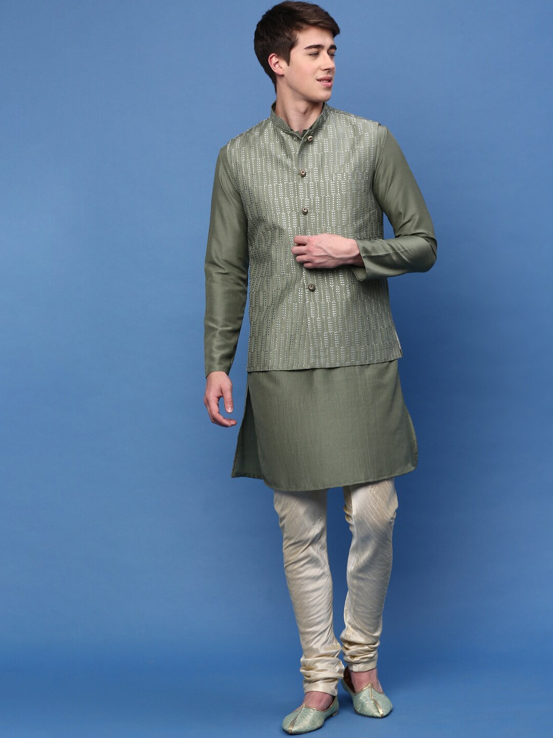 

Sanwara Sequined Straight Art Silk Kurta & Churidar With Nehru Jacket, Green