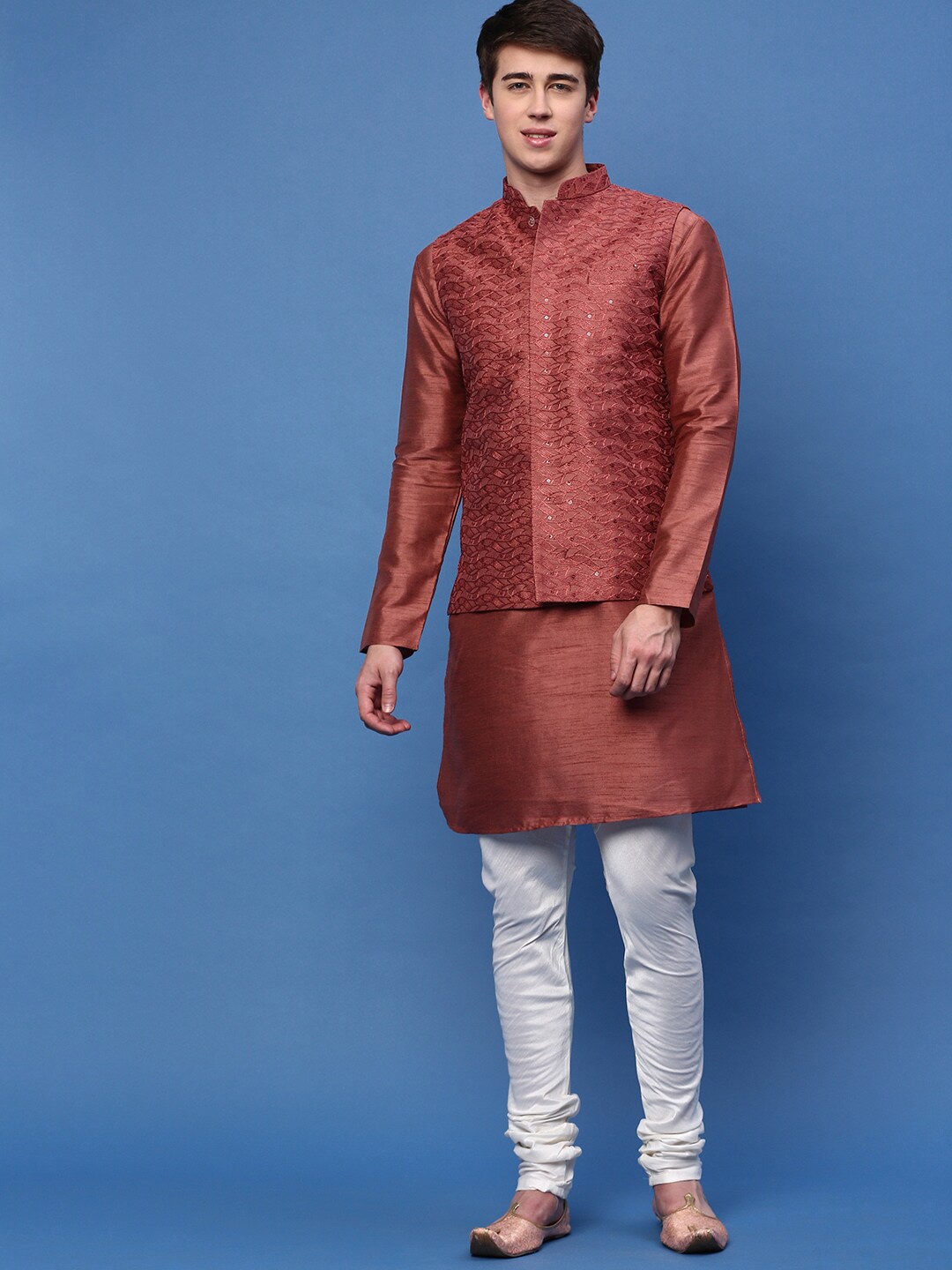 

Sanwara Sequined Straight Art Silk Kurta & Churidar With Nehru Jacket, Rust