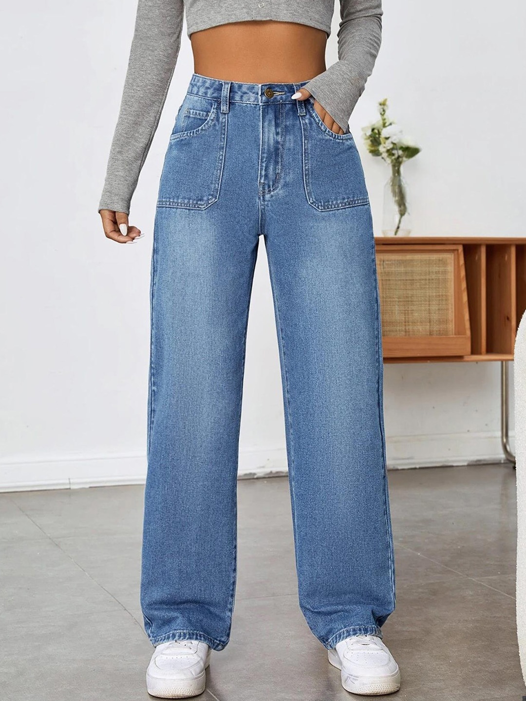 

Kotty Women Jean Wide Leg Light Fade High-Rise Stretchable Jeans, Blue