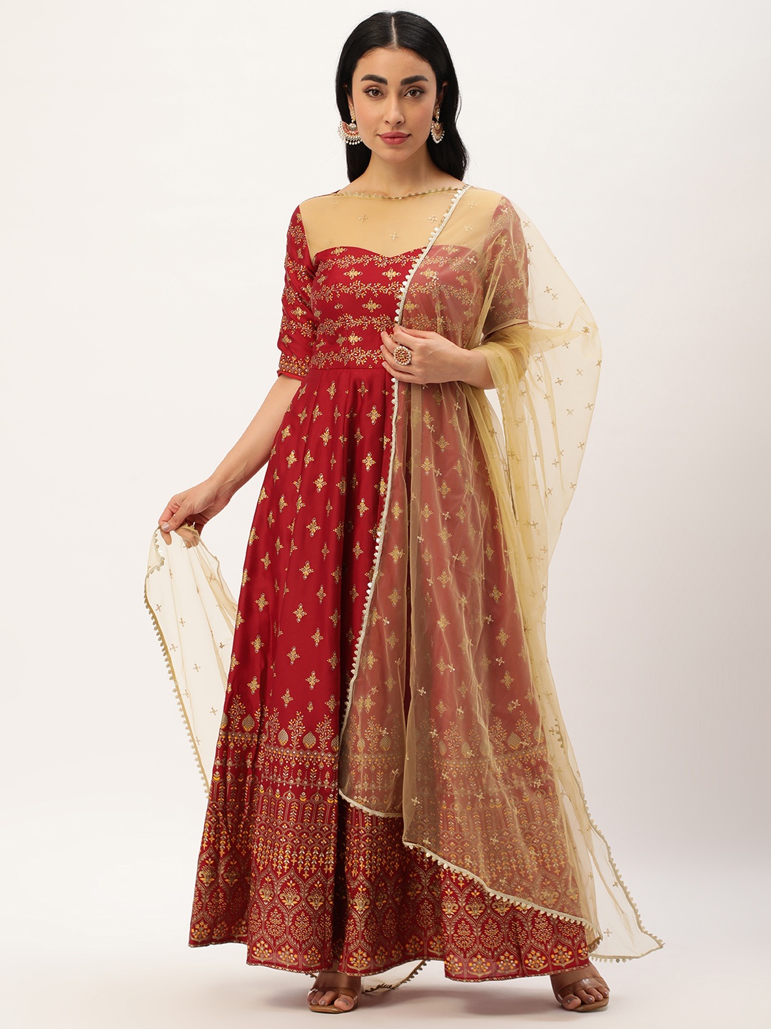 

Ethnovog Women Ethnic Motifs Printed Anarkali Sequinned Kurta with Trousers & With Dupatta, Maroon
