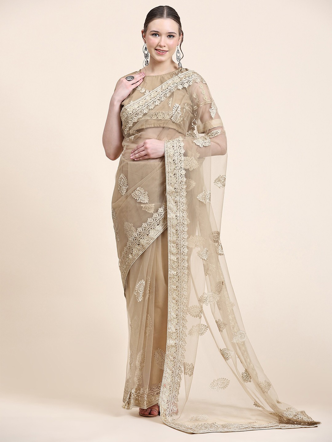 

ORUS Ethnic Motif Embroidered Net Saree, Beige