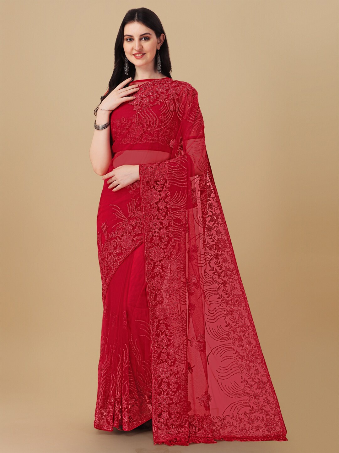 

ORUS Floral Embroidered Net Saree With Tassel, Red