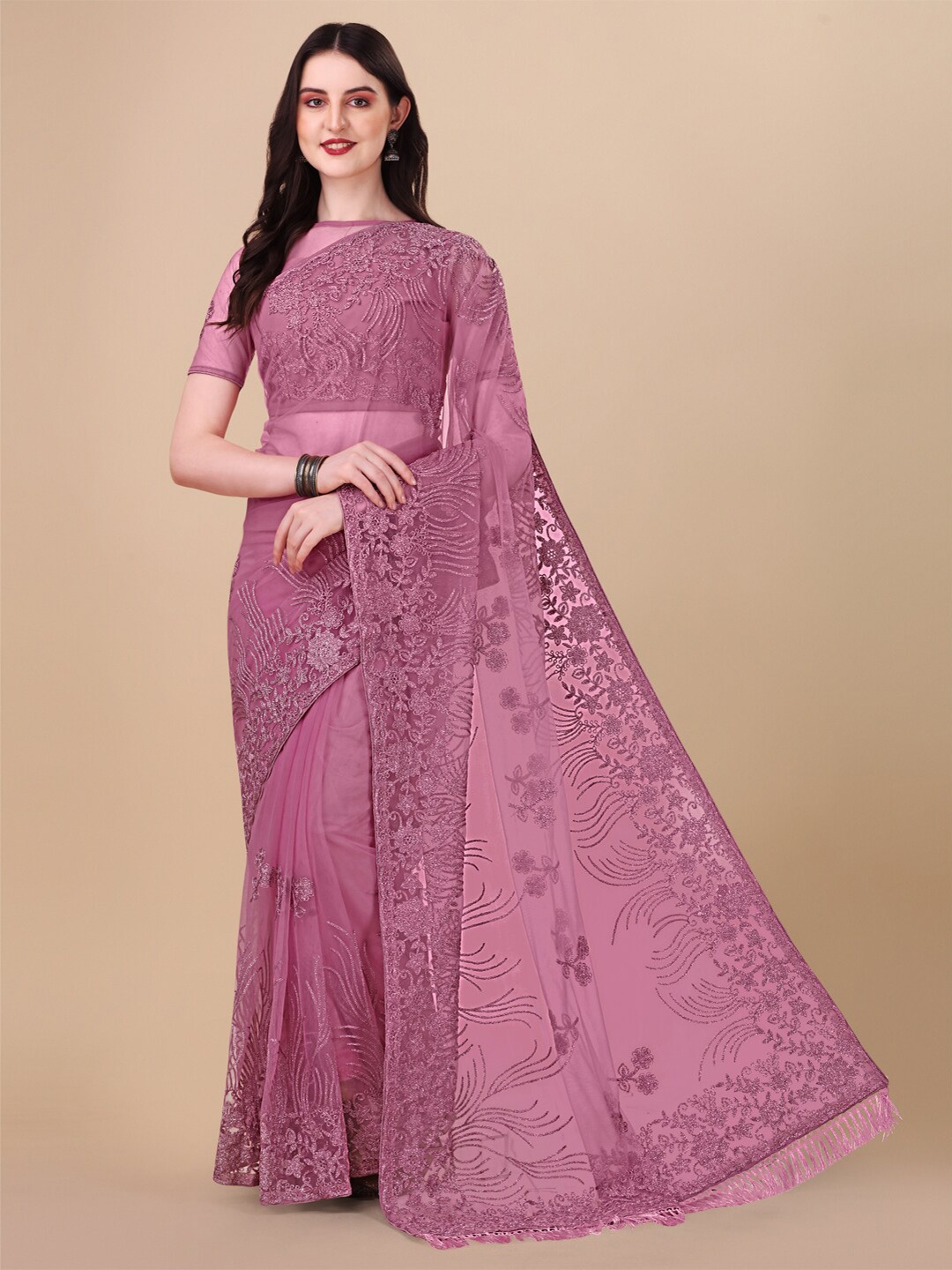 

ORUS Floral Embroidered Net Saree With Tassel, Purple