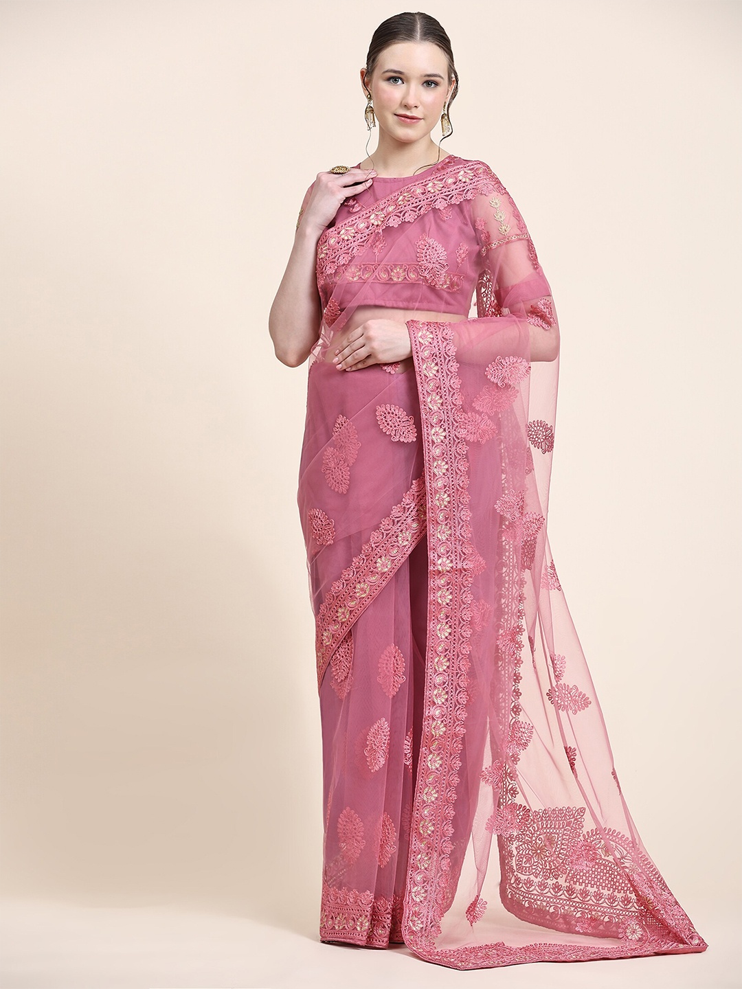 

ORUS Ethnic Motifs Embroidered Net Saree, Pink