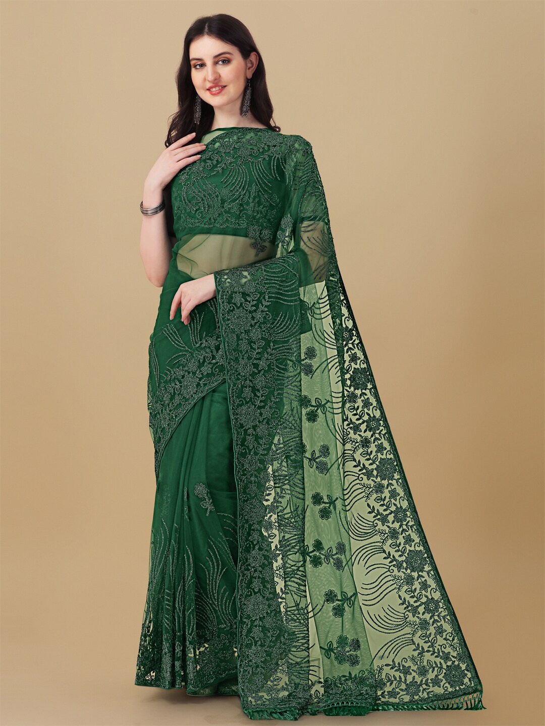 

ORUS Floral Embroidered Net Saree With Tassel, Green