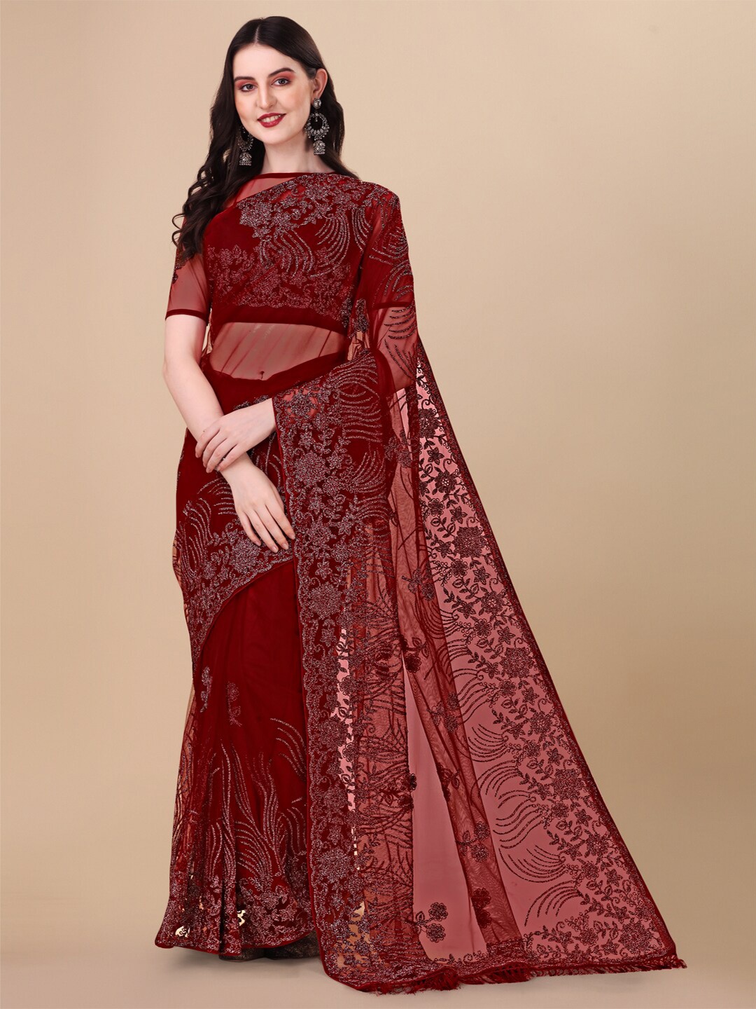 

ORUS Ethnic Motifs Embroidered Net Saree, Maroon