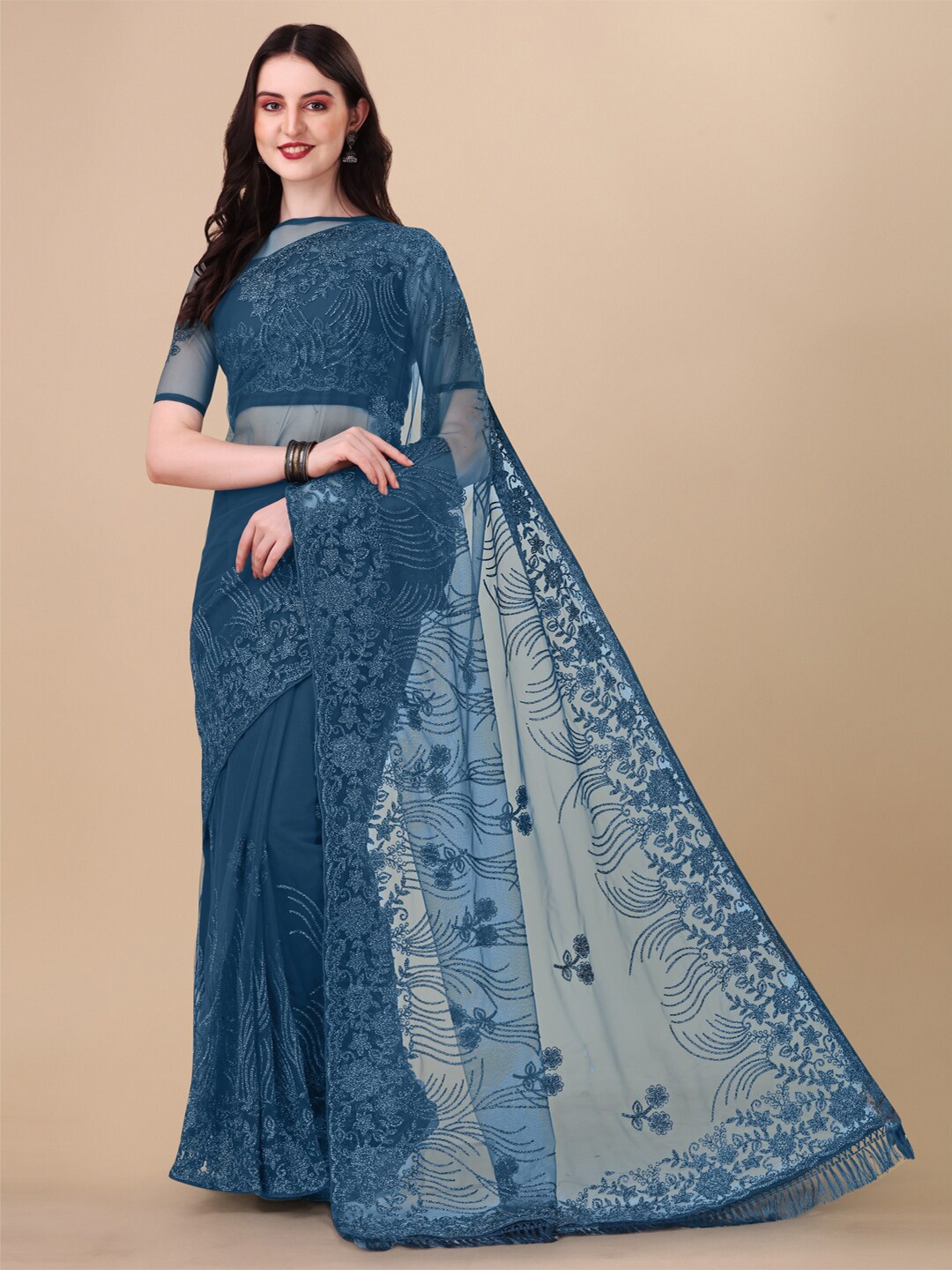 

ORUS Ethnic Motifs Embroidered Net Saree, Teal