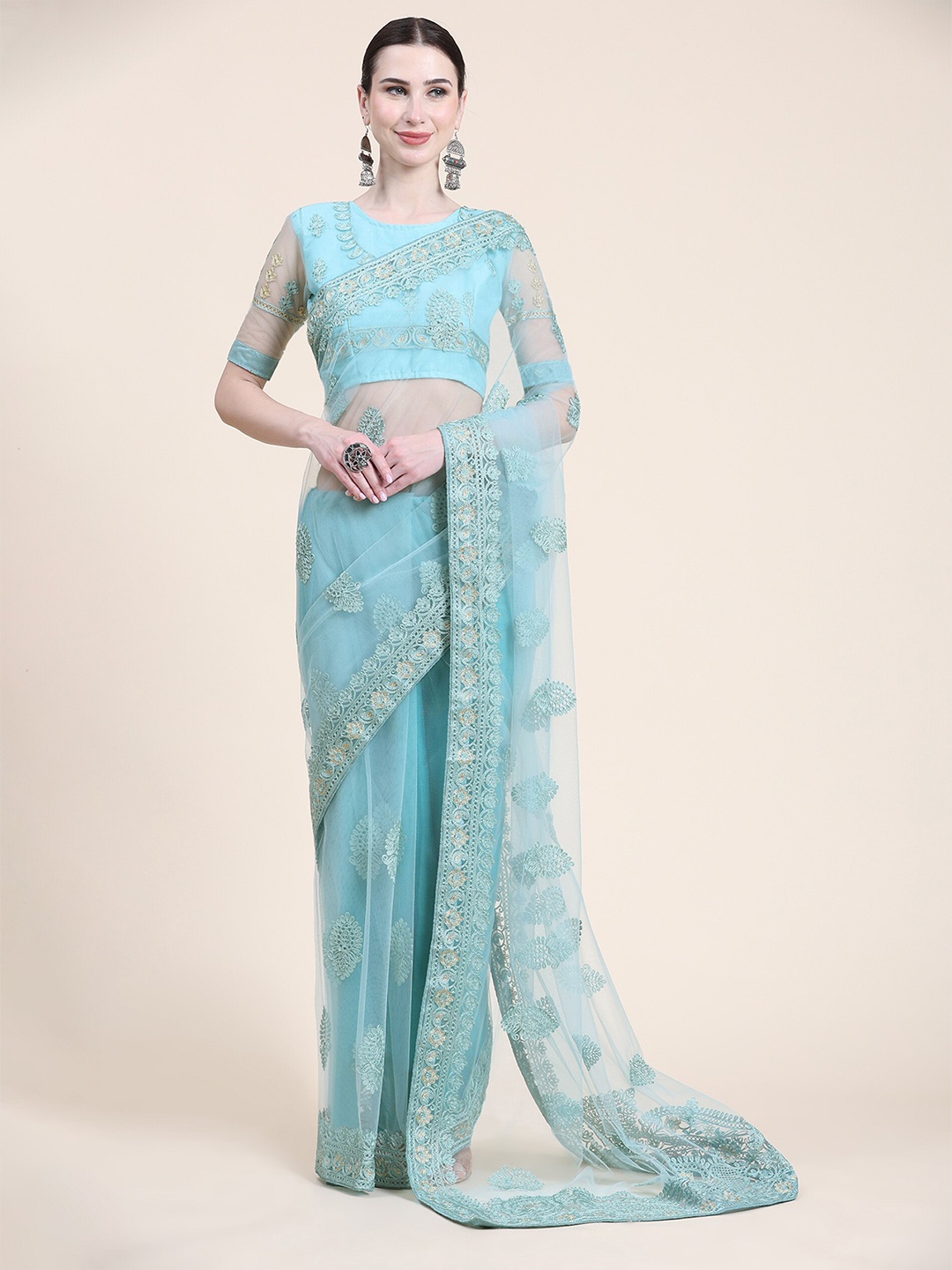 

ORUS Ethnic Motifs Embroidered Net Saree, Turquoise blue