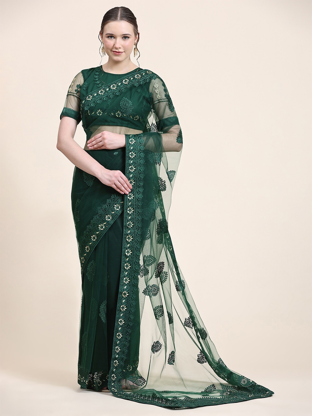 

ORUS Ethnic Motifs Embroidered Net Saree, Green