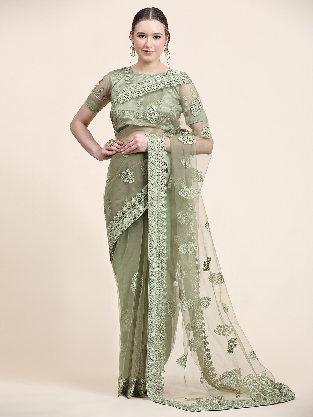 

ORUS Ethnic Motifs Embroidered Net Saree, Olive