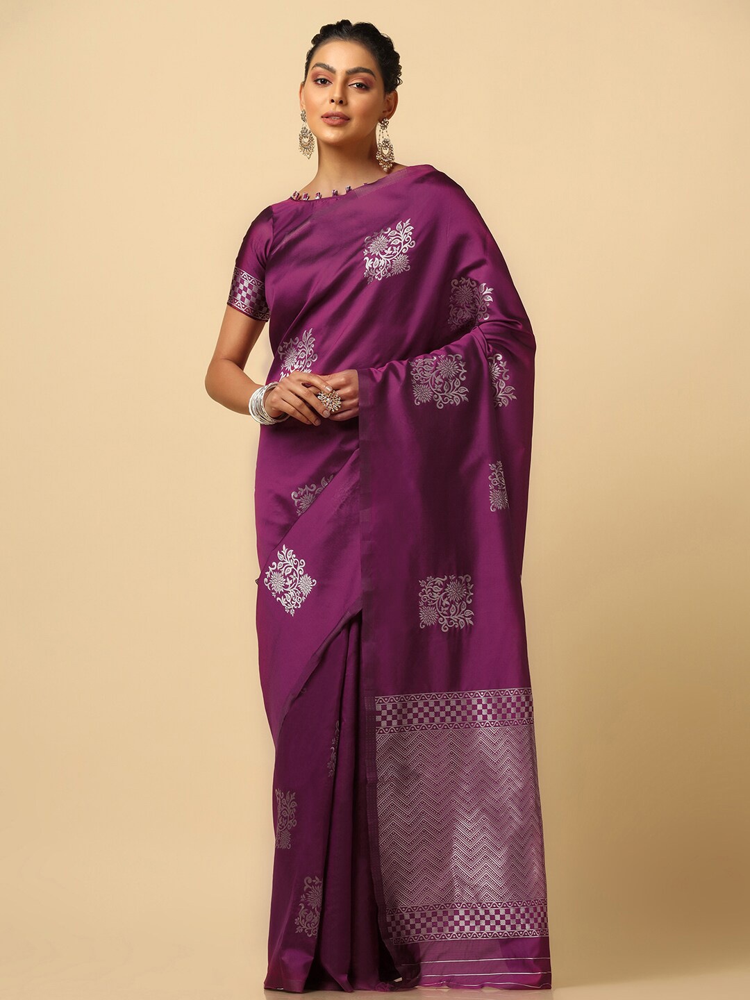 

KALINI Floral Woven Design Zari Banarasi Saree, Purple