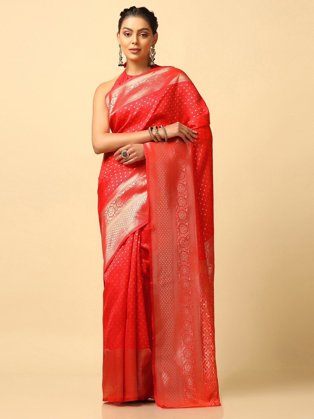 

KALINI Polka Dot Woven Design Zari Banarasi Saree, Red