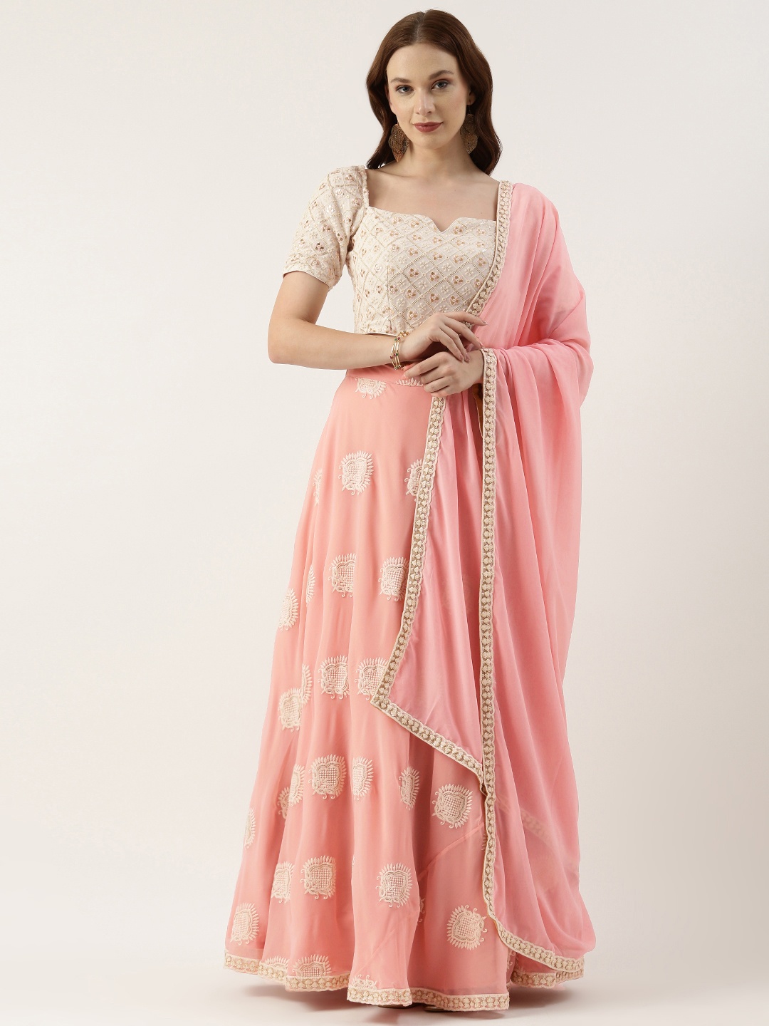 

Ethnovog Embroidered Sequinned Ready To Wear Lehenga & Blouse With Dupatta, Off white
