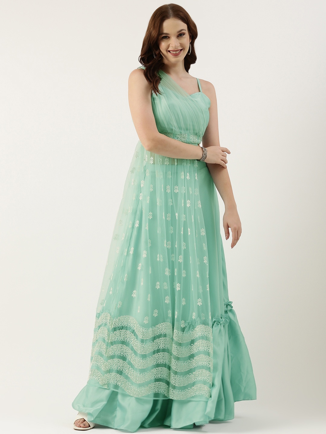 

Ethnovog Embellished Sequinned Ready To Wear Lehenga Choli, Sea green