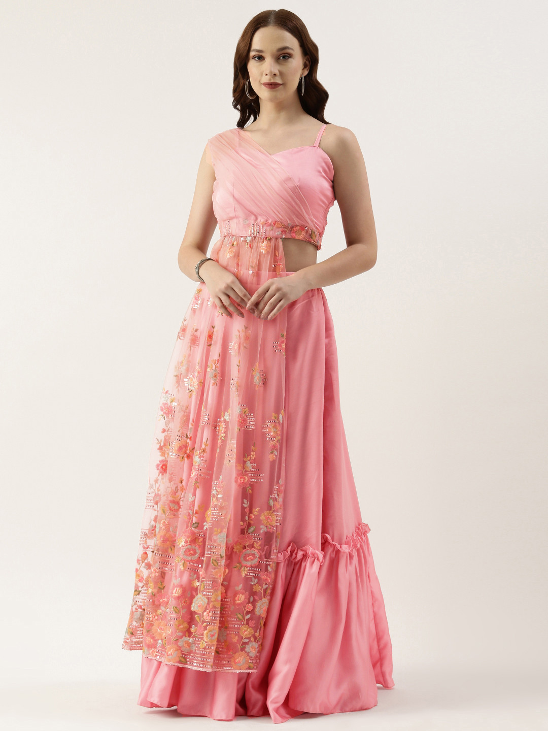 

Ethnovog Embroidered Sequinned Ready To Wear Lehenga Choli, Pink