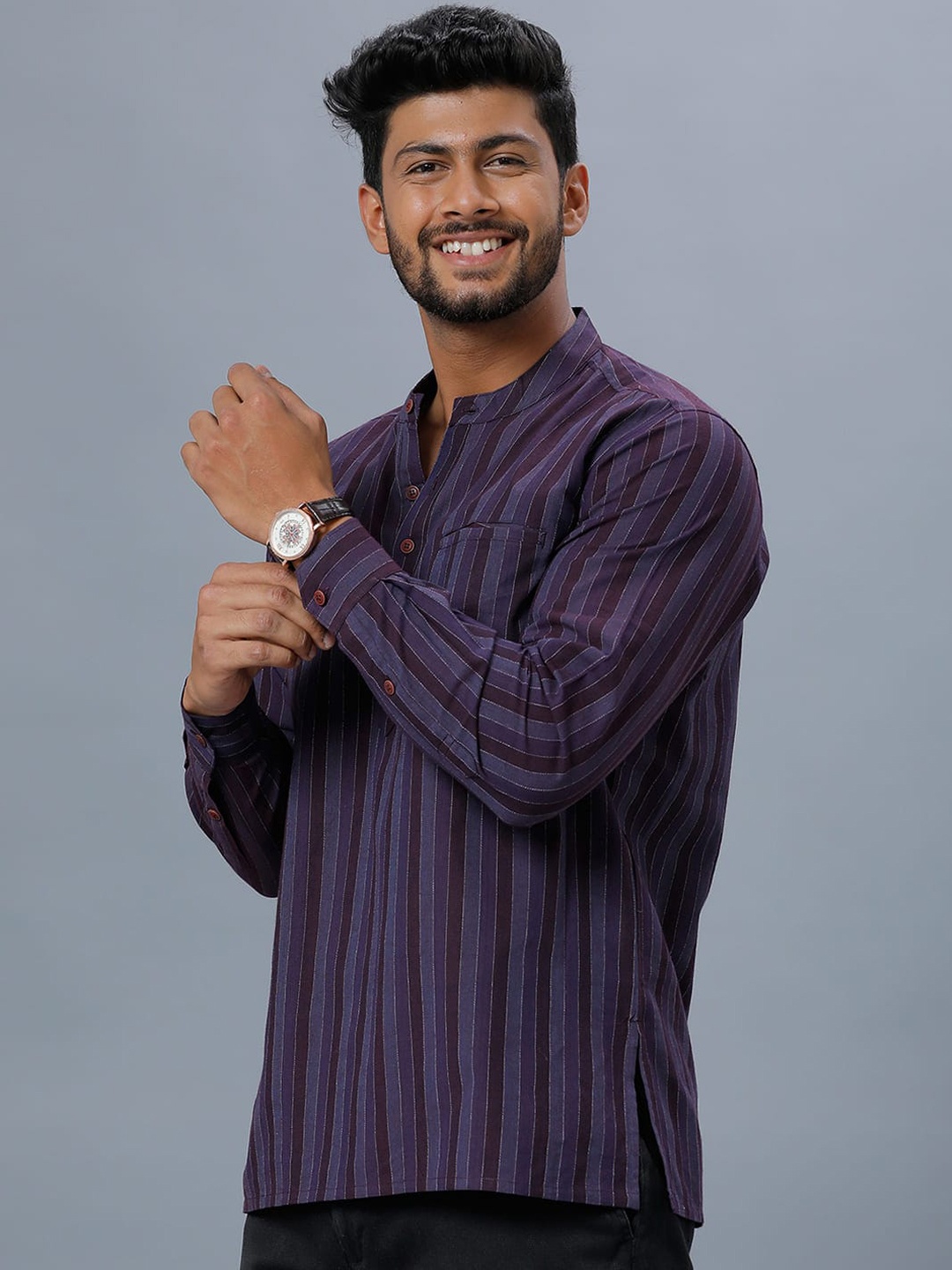 

Ramraj Striped Mandarin Collar Pure Cotton Regular Kurta, Blue