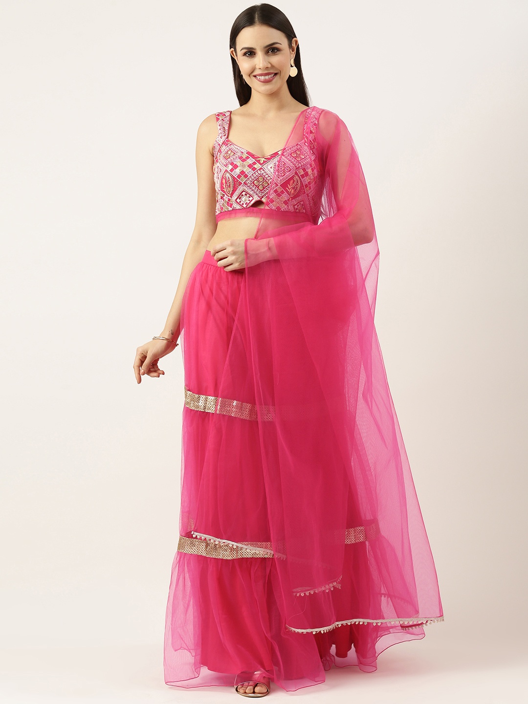 

Ethnovog Embroidered Sequinned Ready to Wear Lehenga & Blouse With Dupatta, Pink