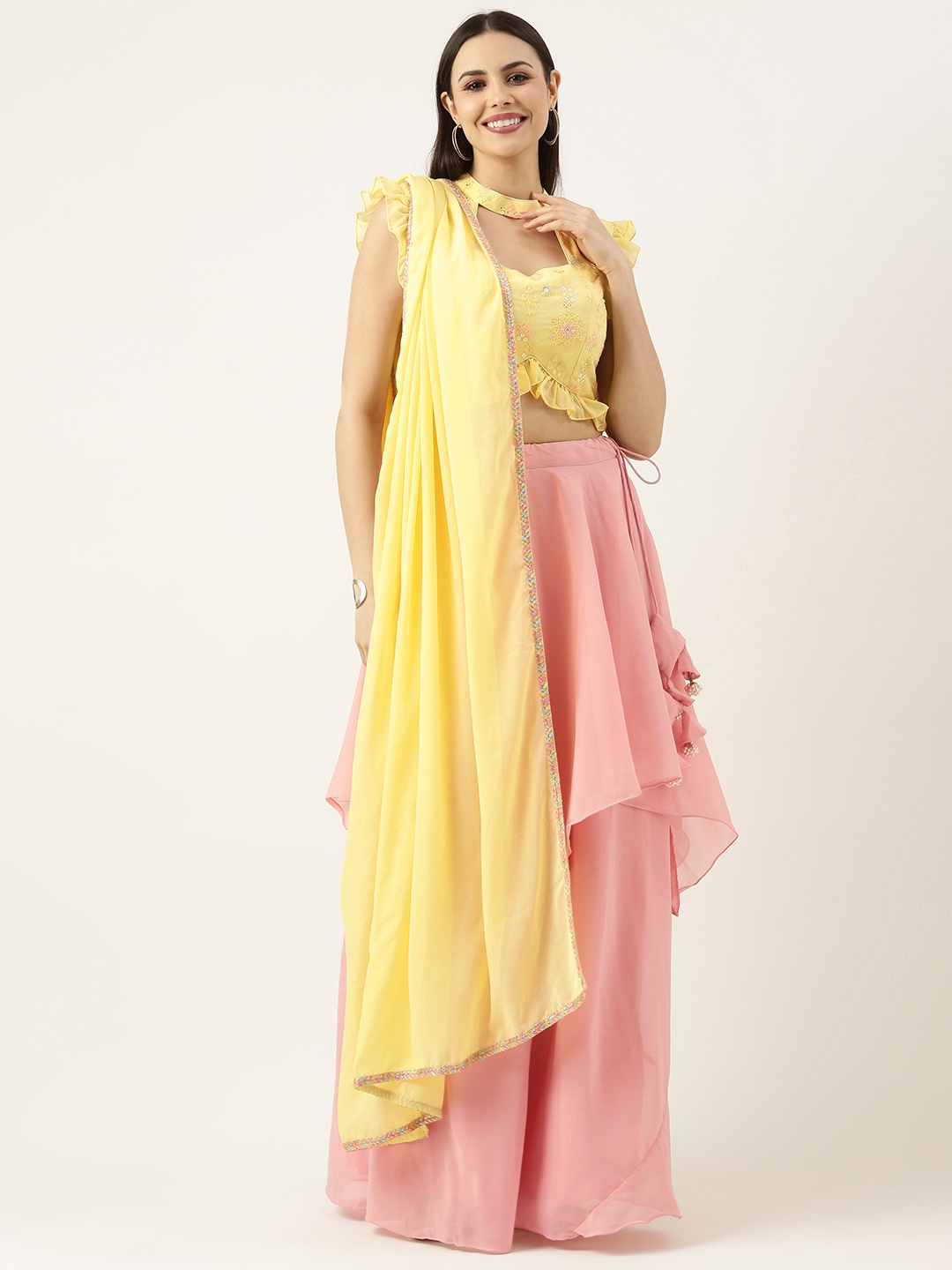 

Ethnovog Embroidered Sequinned Ready to Wear Lehenga & Blouse With Dupatta, Yellow