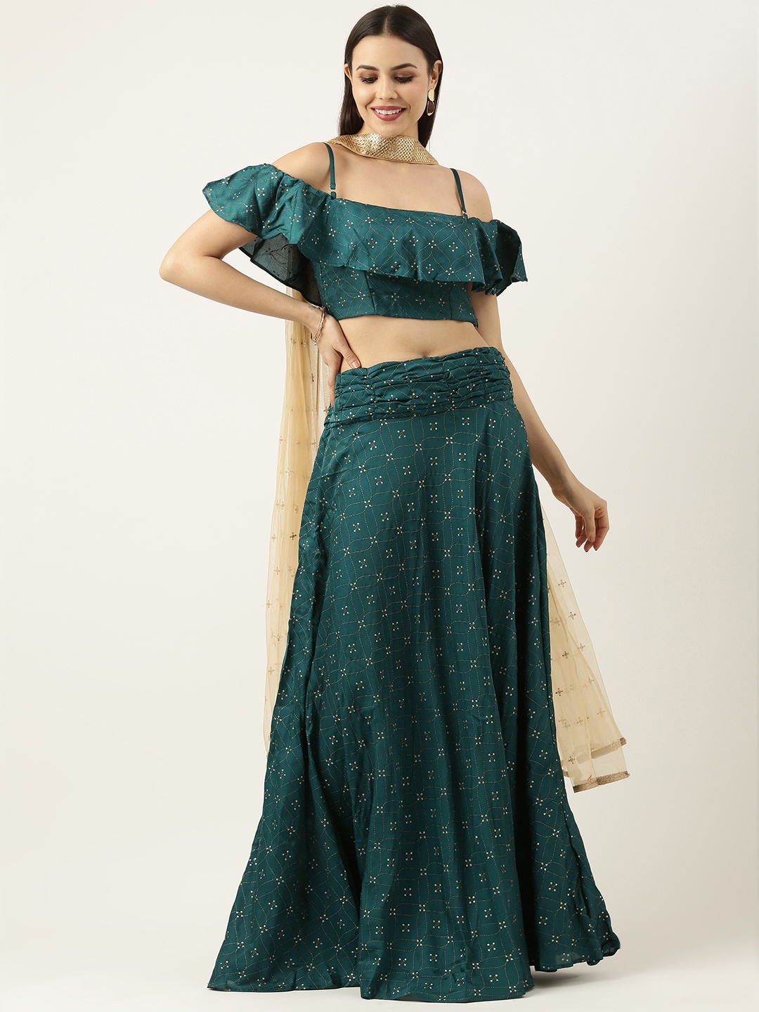 

Ethnovog Foil Printed Sequinned Foil Print Ready to Wear Lehenga & Blouse With Dupatta, Teal