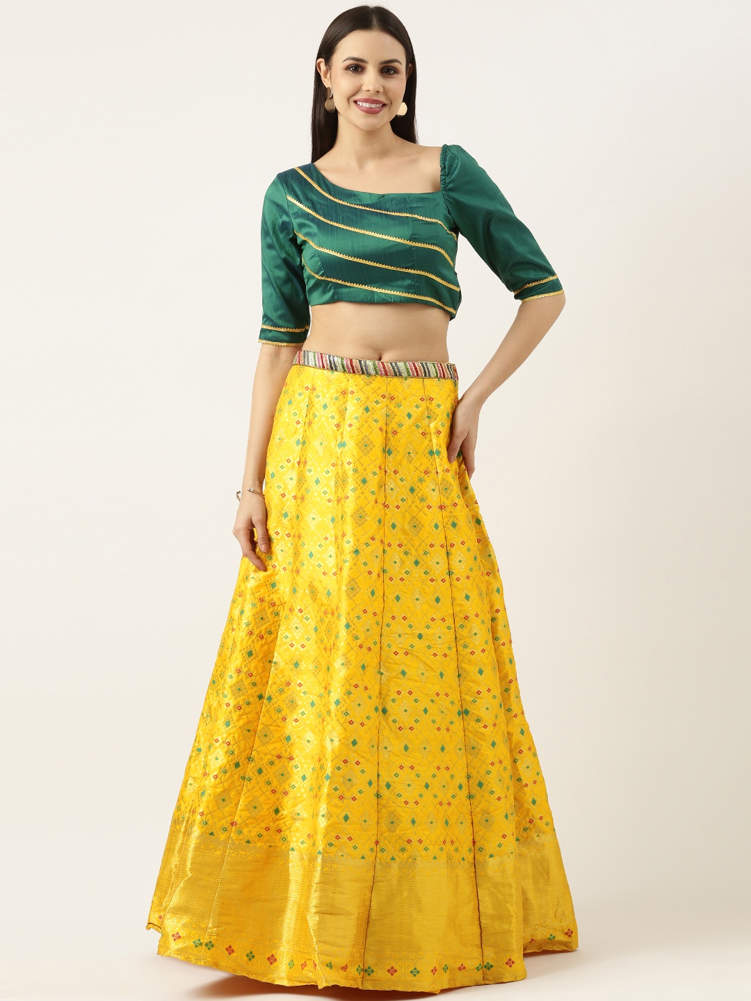 

Ethnovog Embellished Jacquard Ready to Wear Lehenga & Blouse, Green