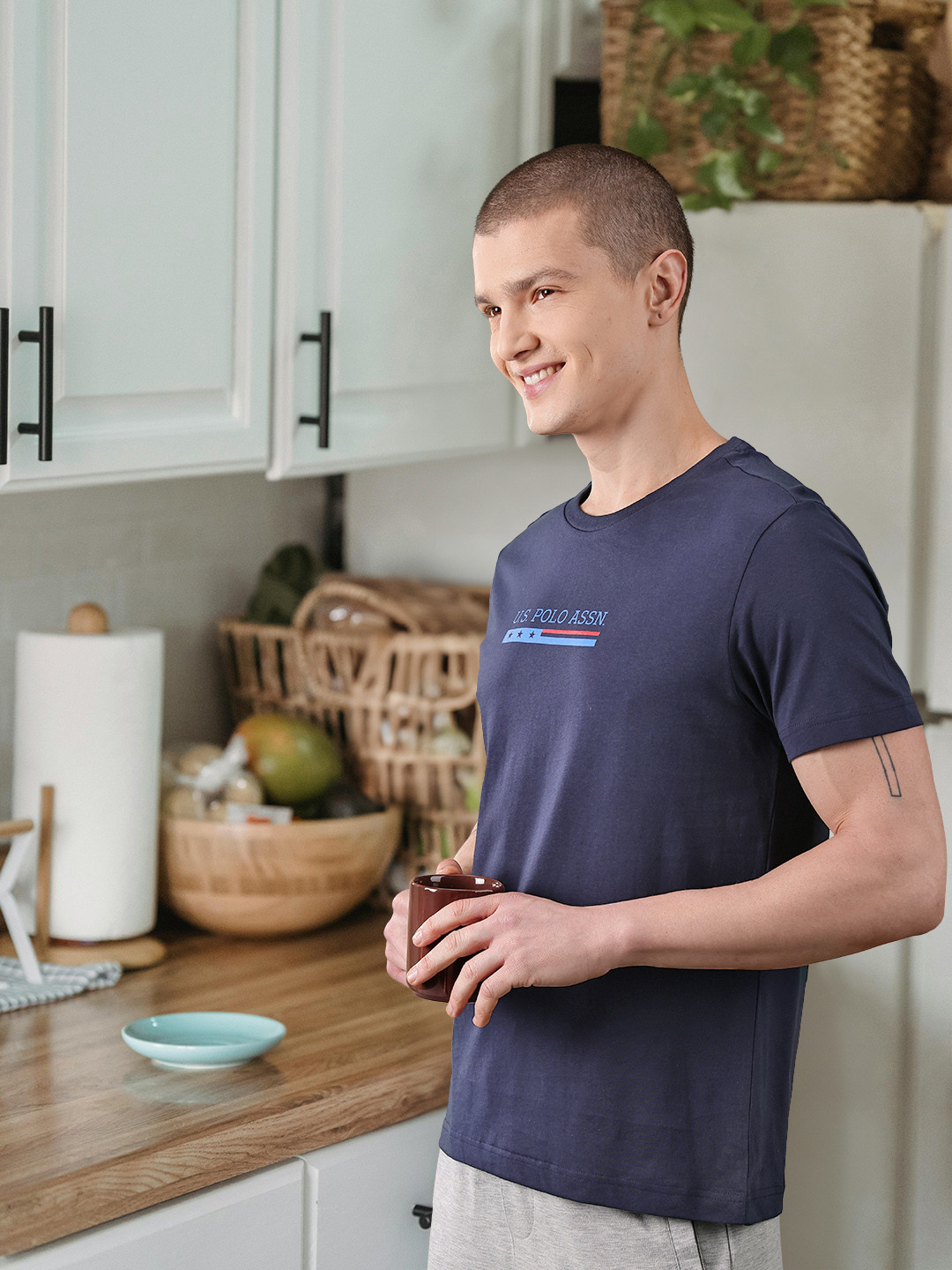 

U.S. Polo Assn. Men Brand Logo Printed Pure Cotton Lightweight Lounge T-Shirt, Navy blue