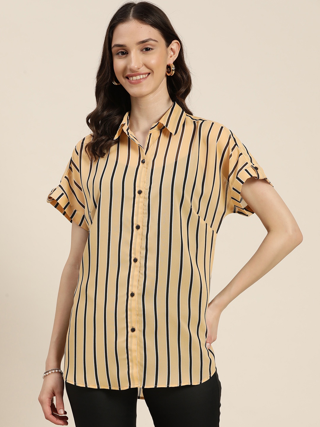 

Qurvii Women Comfort Semi Sheer Striped Casual Shirt, Beige