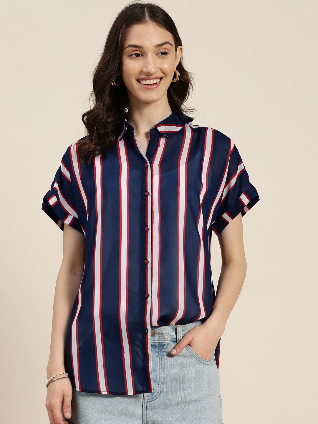 

Qurvii Women Comfort Semi Sheer Striped Casual Shirt, Navy blue