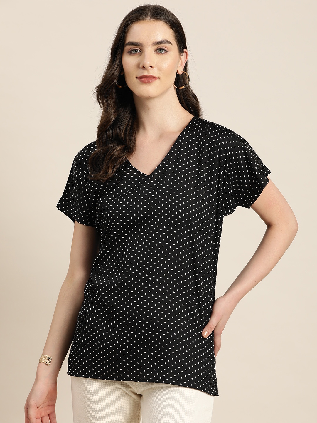 

Qurvii Polka Dot Print Crepe Longline Top, Black