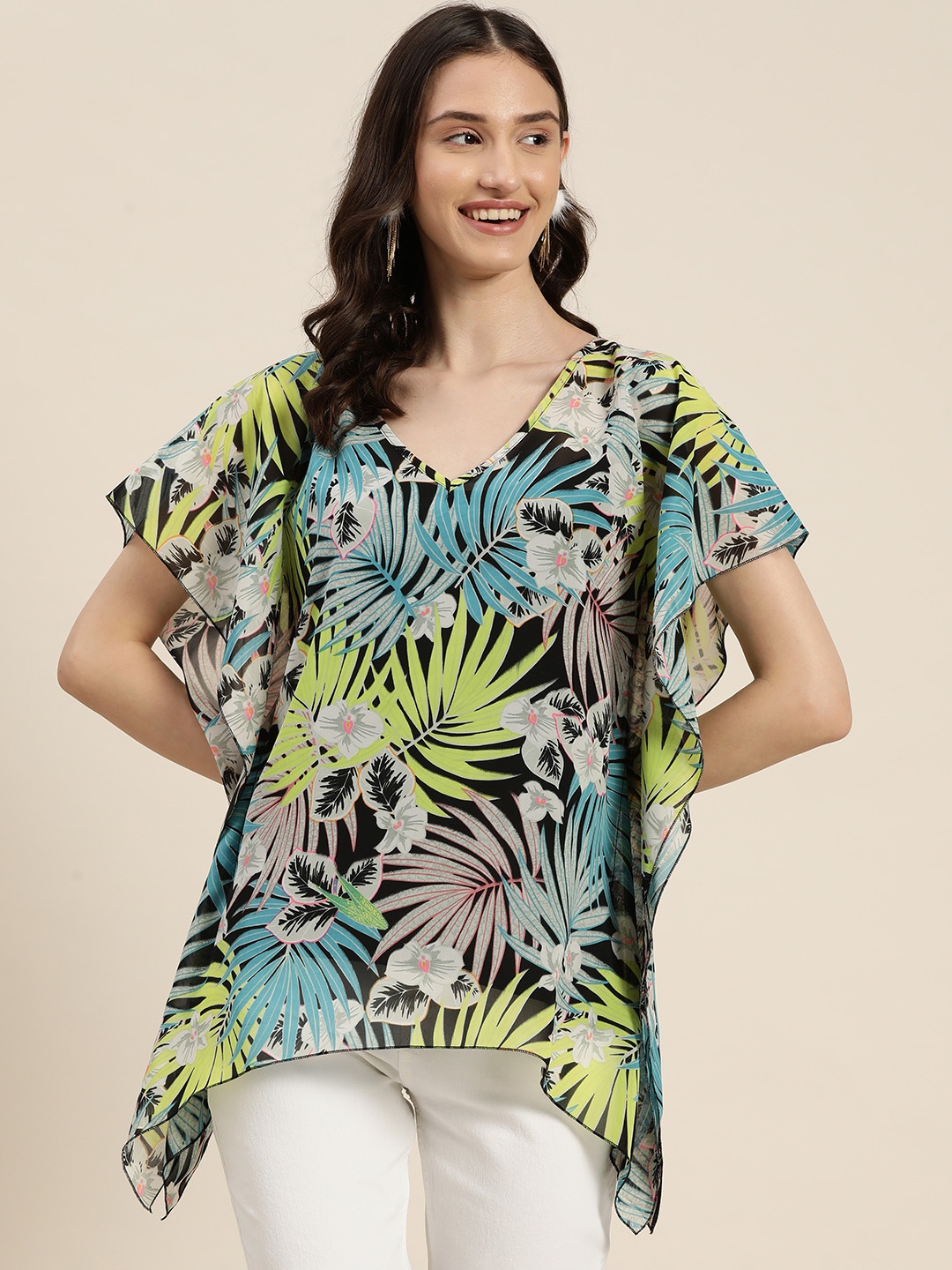 

Qurvii Tropical Print Flared Sleeves Georgette Kaftan Longline Top, Black