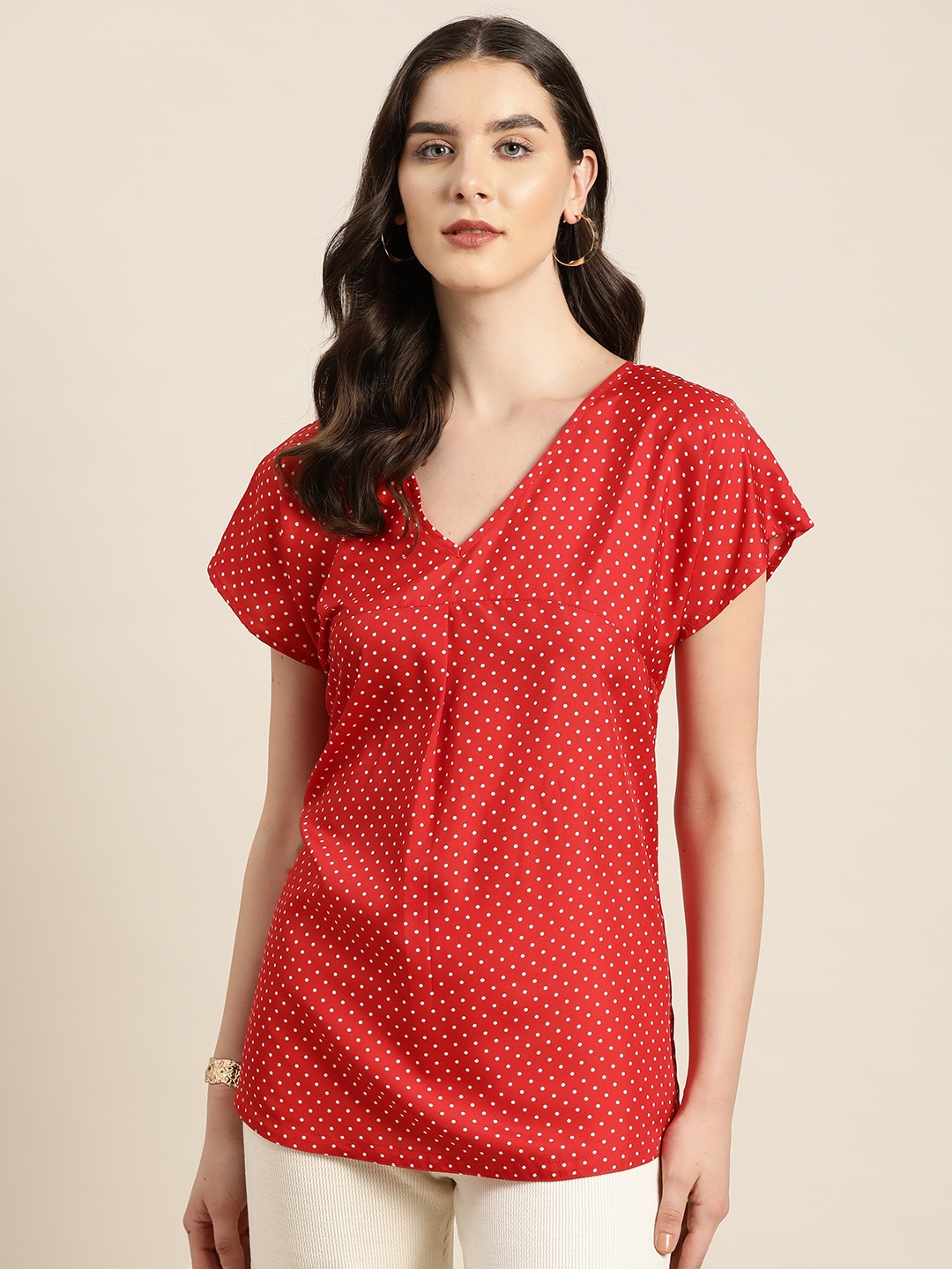 

Qurvii Polka Dot Print Crepe Longline Top, Red