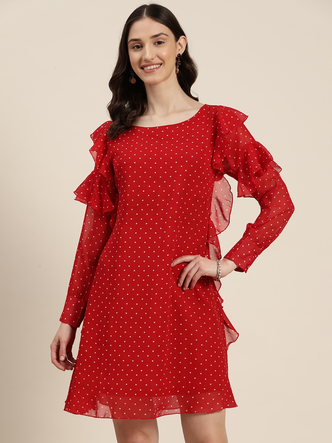 

Qurvii Polka Dots Print Ruffled Georgette A-Line Dress, Red