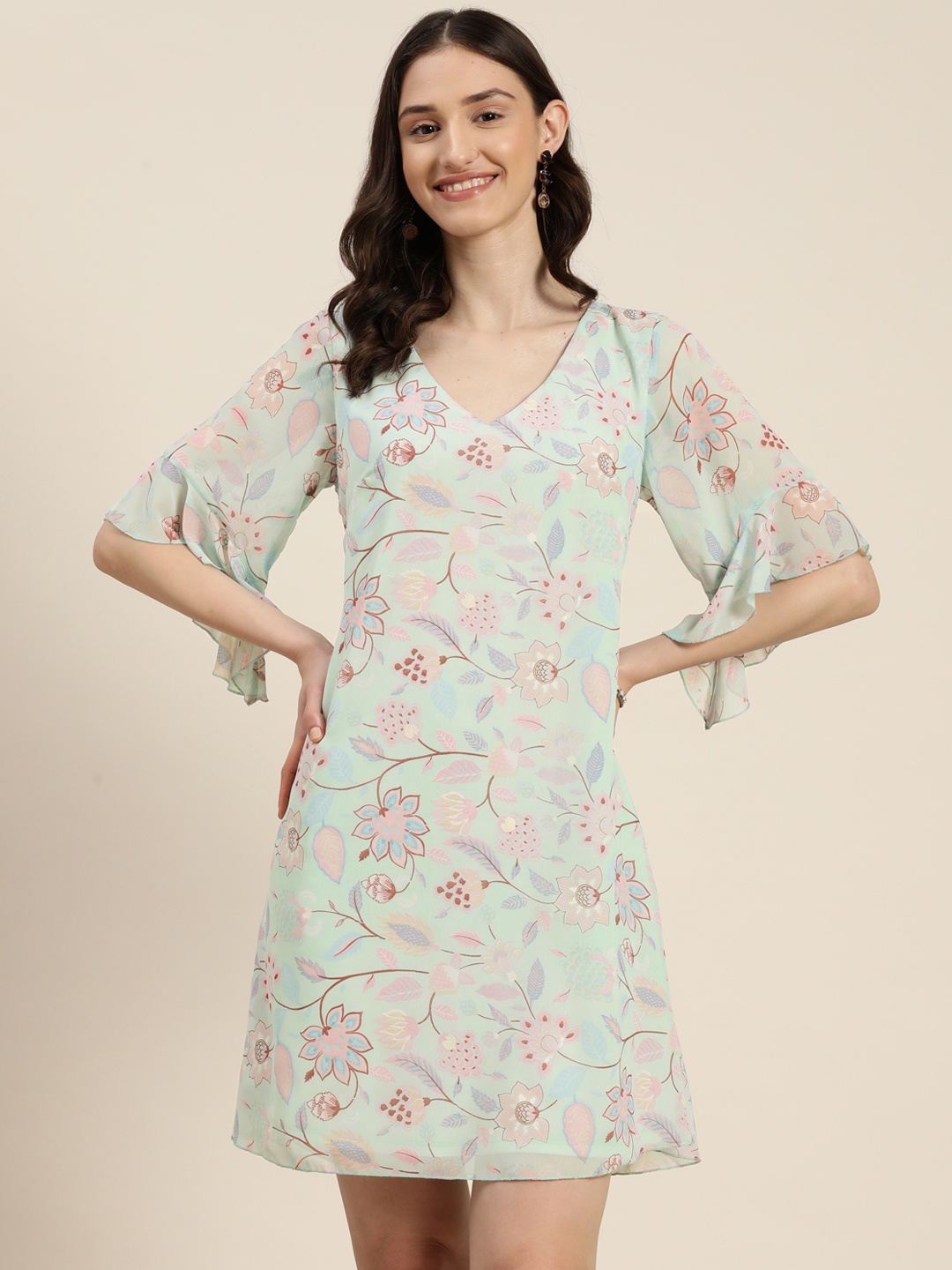 

Qurvii Floral Print Flared Sleeves Georgette A-Line Dress, Sea green