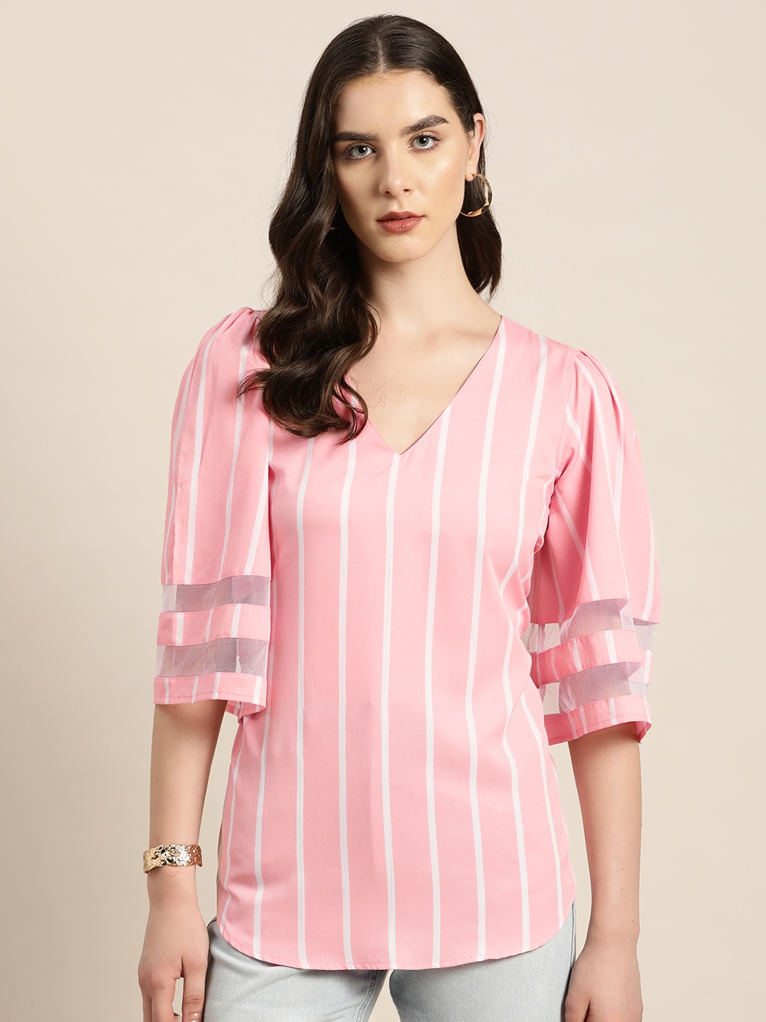 

Qurvii Striped Crepe Flared Sleeves Longline Top With Mesh Detail, Pink