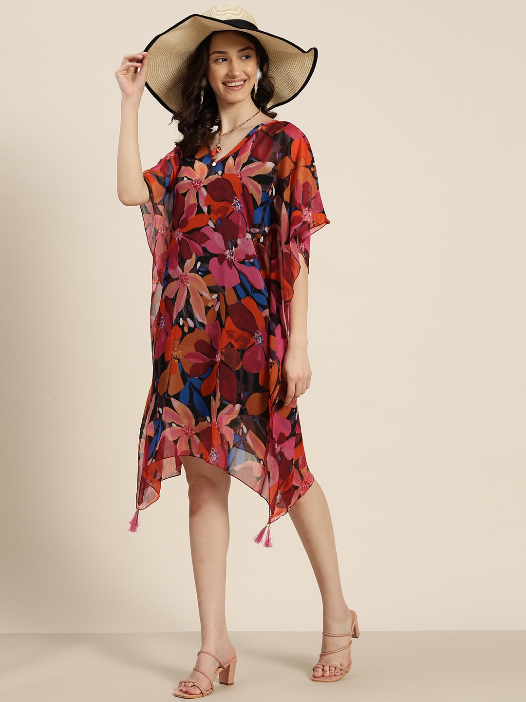 

Qurvii Floral Print Flared Sleeves With Pom-Pom Detail Chiffon Kaftan Dress, Burgundy