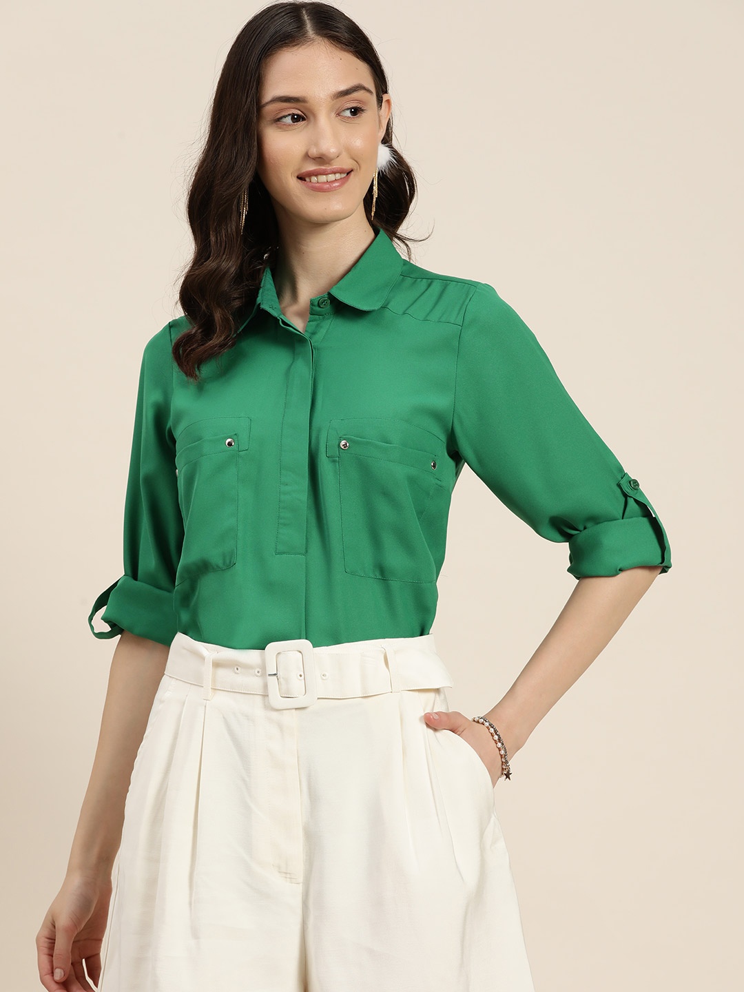 

Qurvii Women Comfort Roll-Up Sleeves Casual Shirt, Green