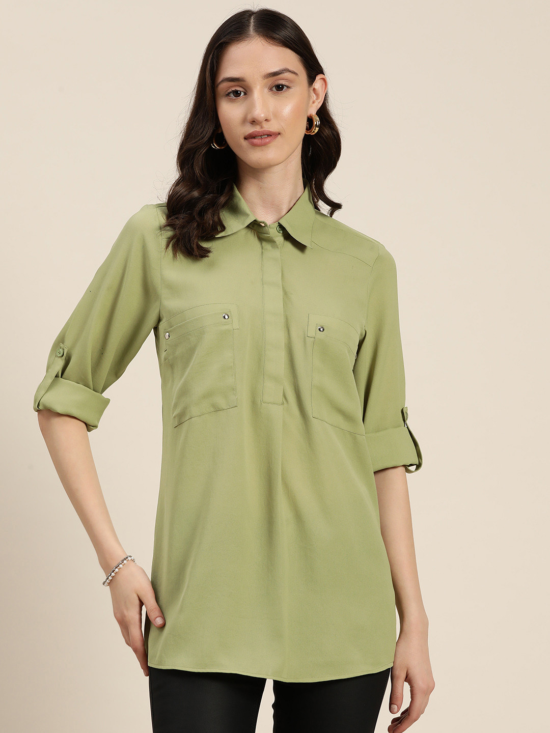 

Qurvii Women Comfort Roll-Up Sleeves Casual Shirt, Green