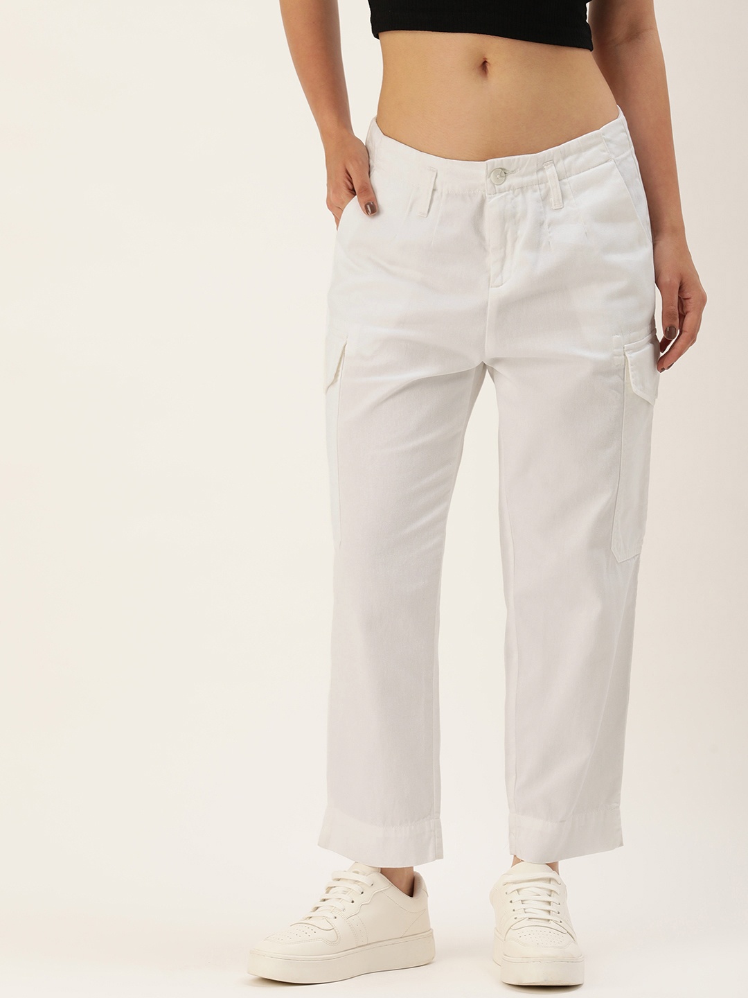 

IVOC Women Mid-Rise Pure Cotton Cargo Jeans, White
