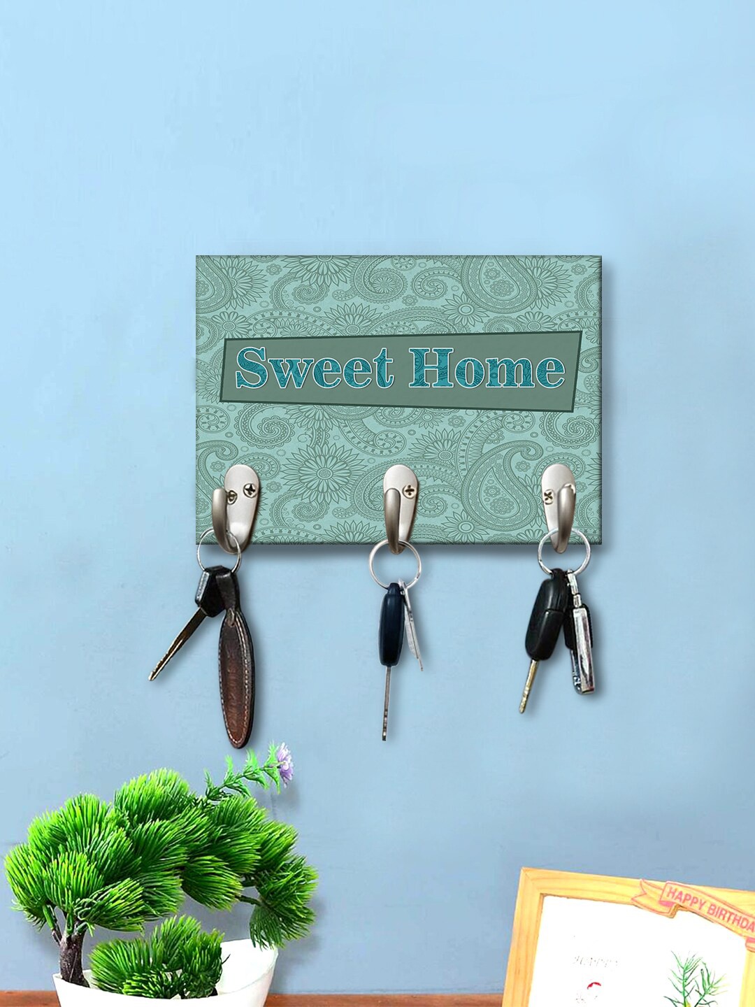

999Store Teal Green Printed Wall Key Holder