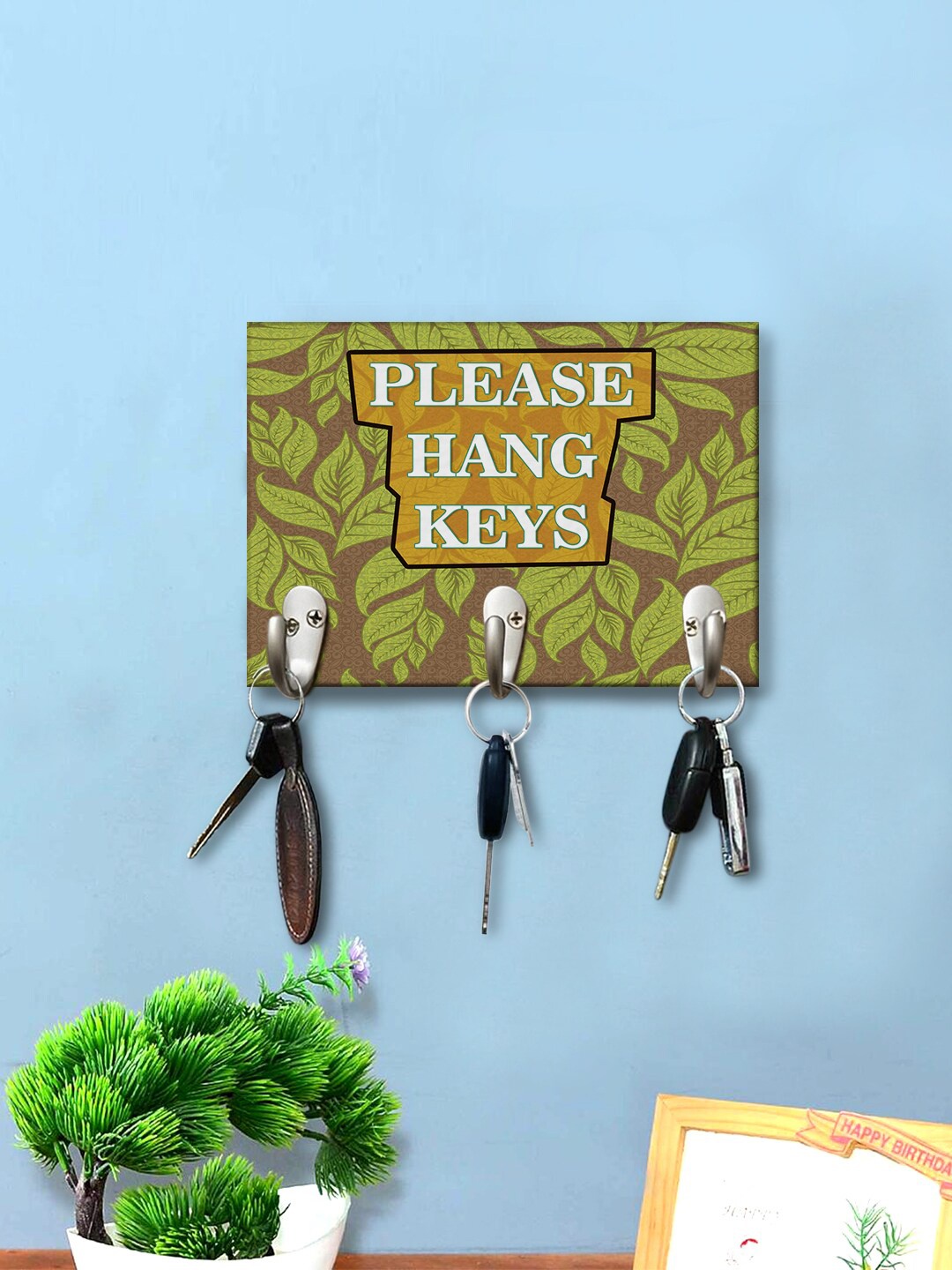 

999Store Brown & Green Leaves Printed Wooden Wall Hanging Key Holder