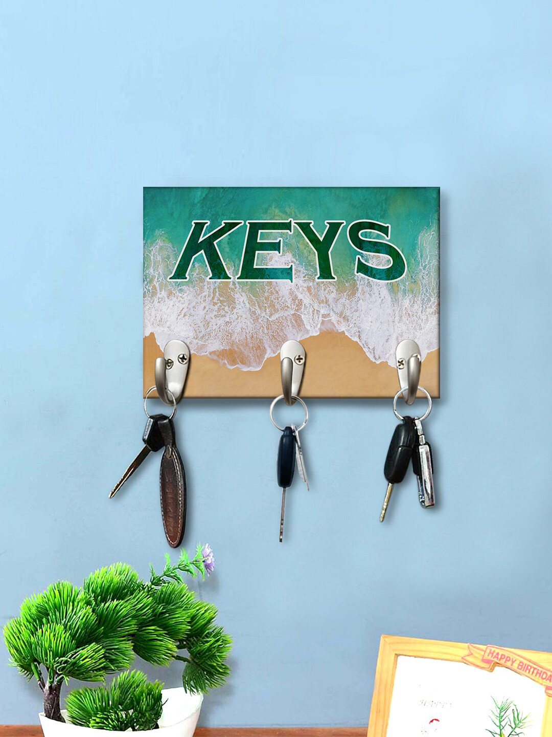 

999Store Green & White Beach Printed Wall Hanging Key Holder