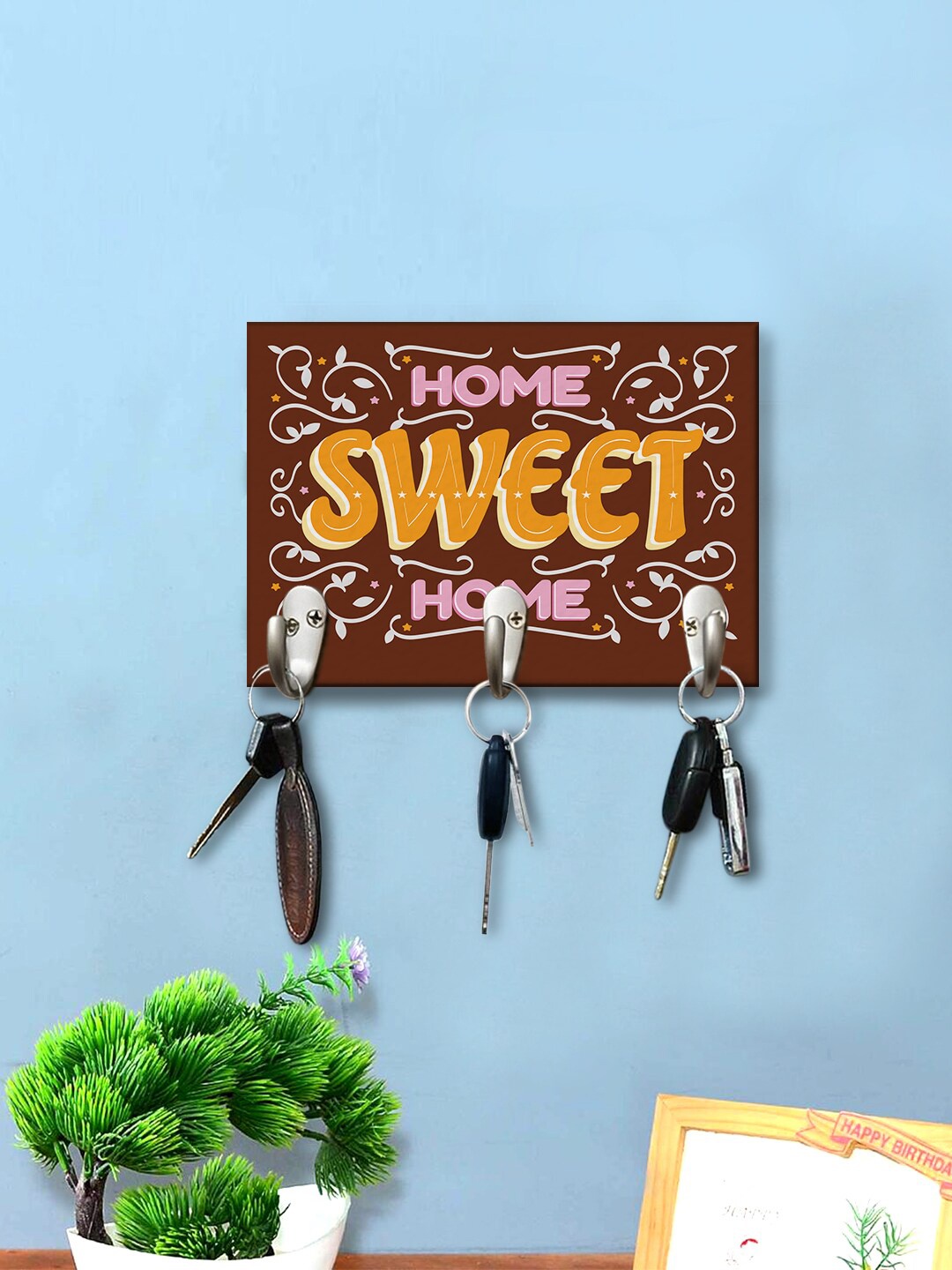 

999Store Brown & Yellow Home Sweet Home Printed Wooden Key Holder