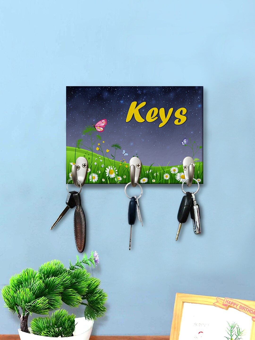 

999Store Blue & Green Grass With Flower Keys Printed Wall Hanging Key Holder