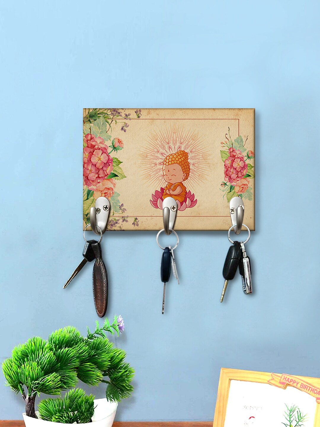 

999Store Brown & Pink Lord Of Buddha Printed Wooden Key Holder