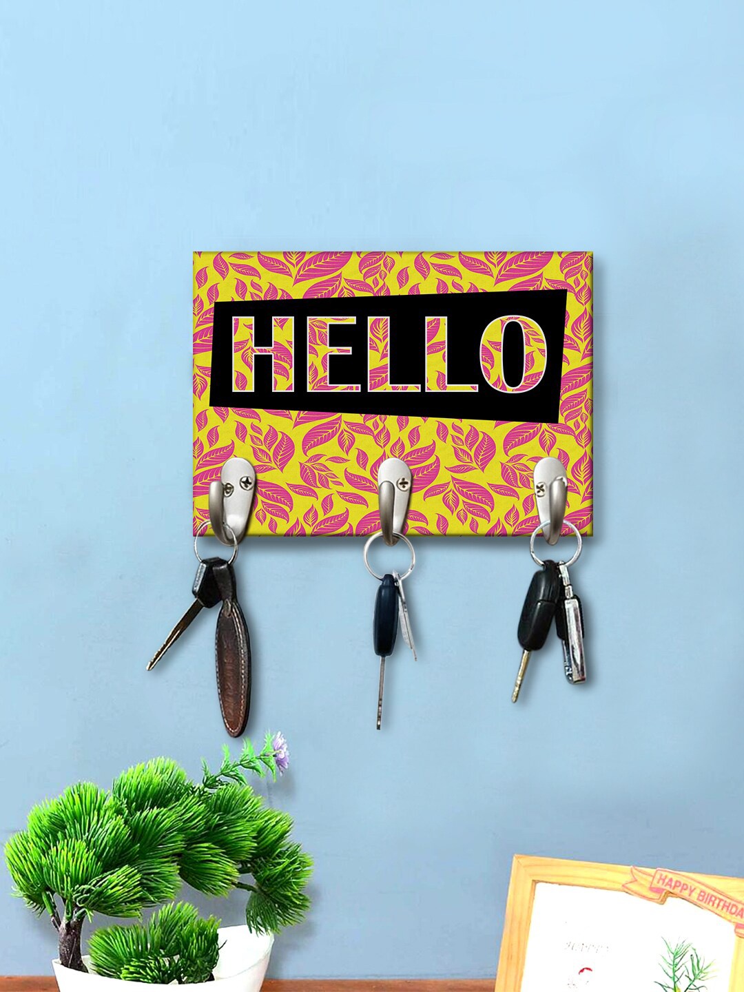 

999Store Pink & Yellow Hello Printed Wall Hanging Key Holder, Red
