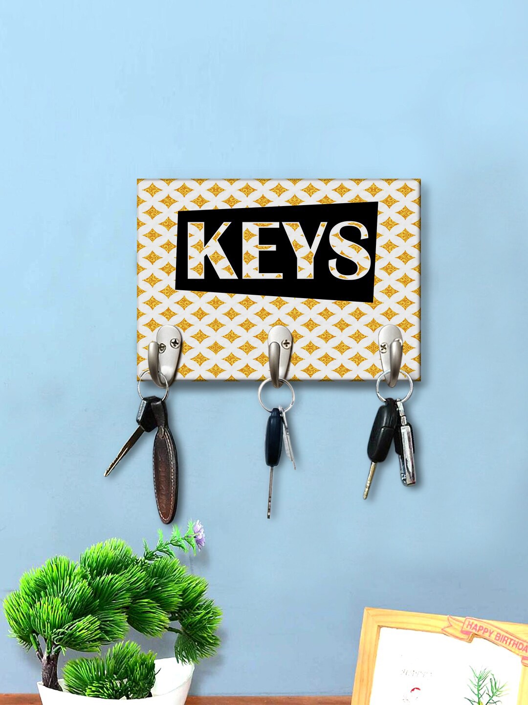 

999Store Golden-colored & Black Printed Wall Hanging Key Holder, Gold