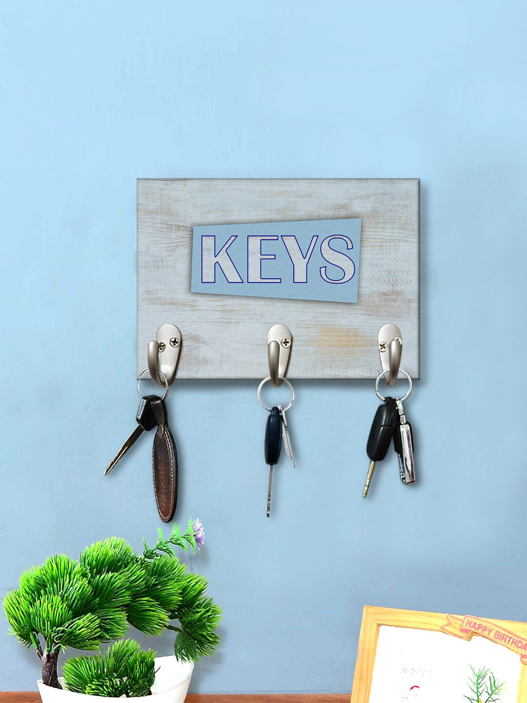 

999Store Grey Key Printed Wooden 3 Hooks Wall Hanger Holder