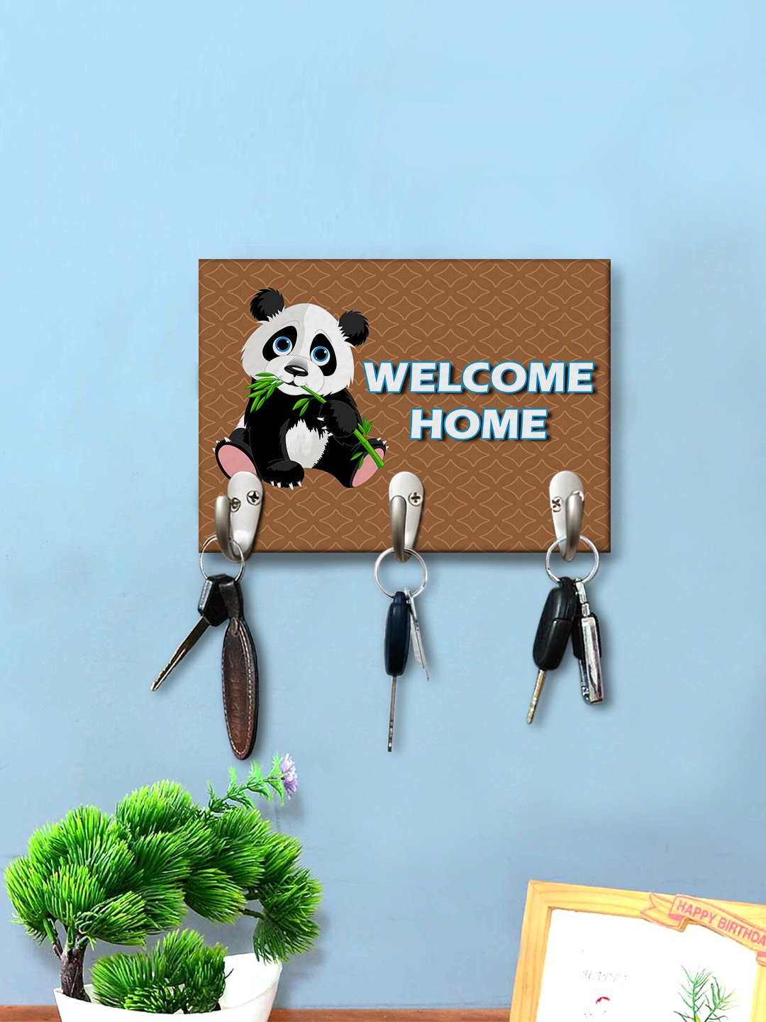 

999Store Brown & White Baby Panda Welcome Home Printed Wall Hanging Key Holder