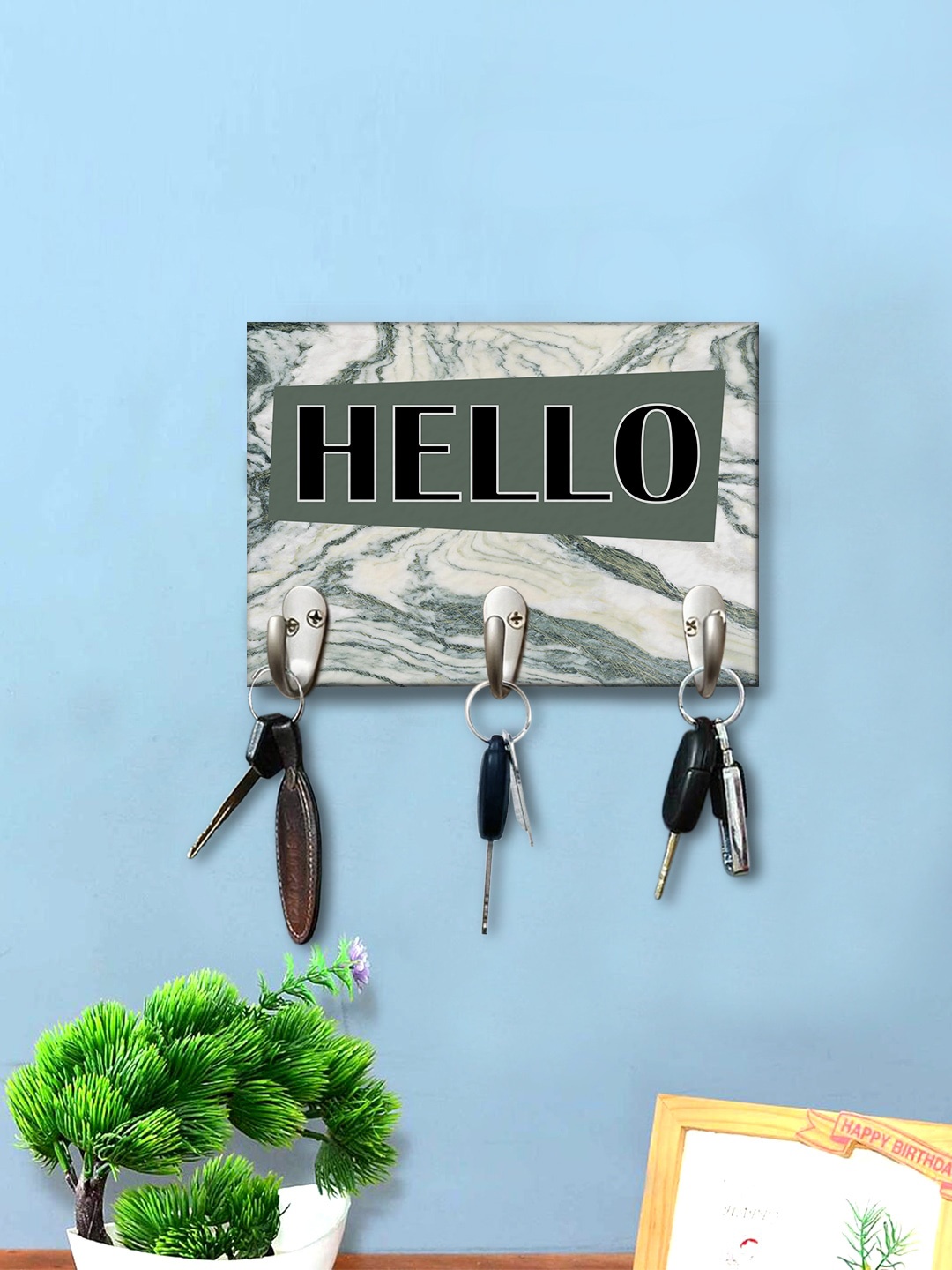 

999Store White & Grey Abstract Hello Printed Wooden Key Holder